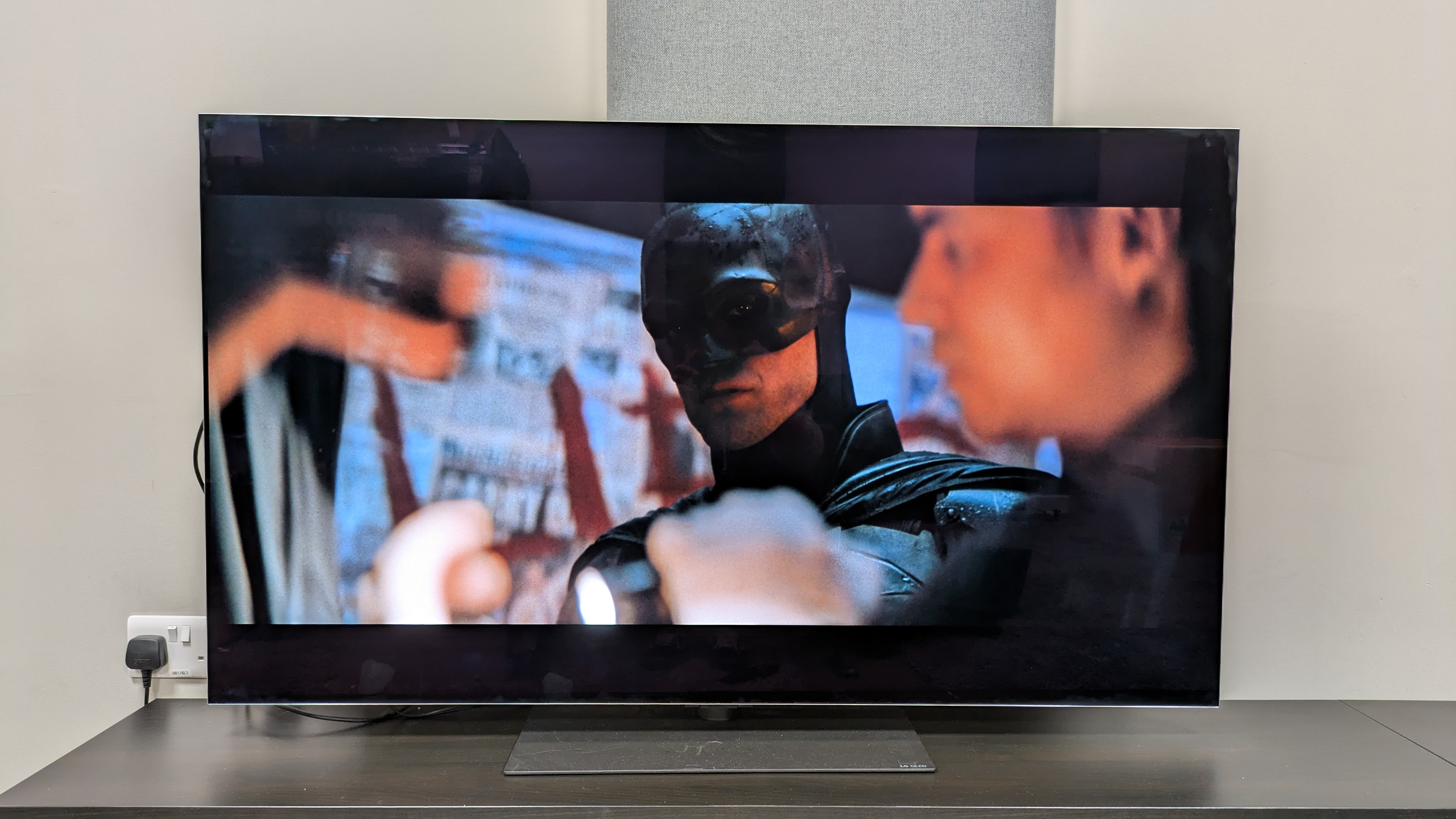 A shot of Batman's face from The Batman on the LG G5 in Dolby Vision Cinema Home mode pre firmware update