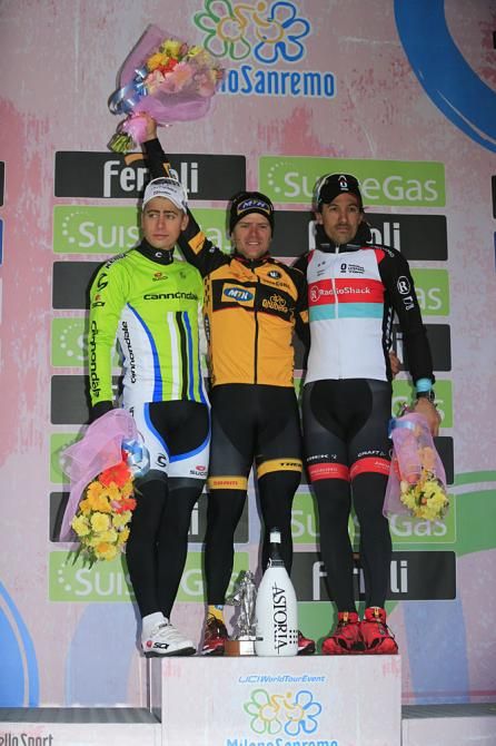 Gerald Ciolek (MTN - Qhubeka), Peter Sagan (Cannondale) and Fabian Cancellara (RadioShack - Nissan) on the podium