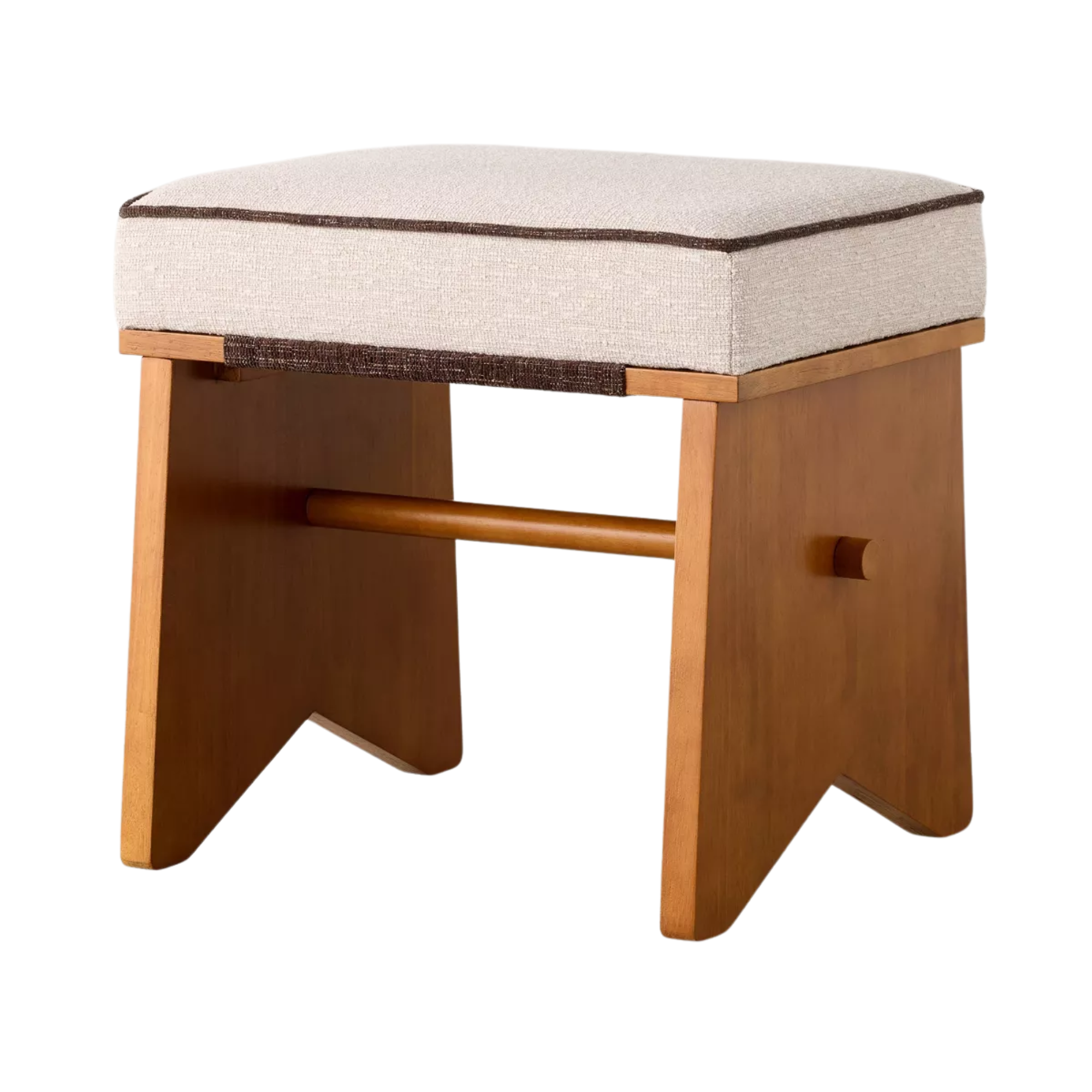 a wood stool with a cushioned seat