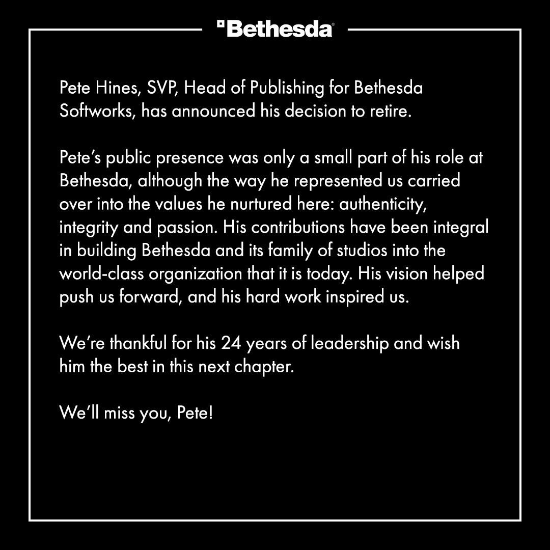 Mensaje de despedida de Bethesda Softworks a Pete Hines