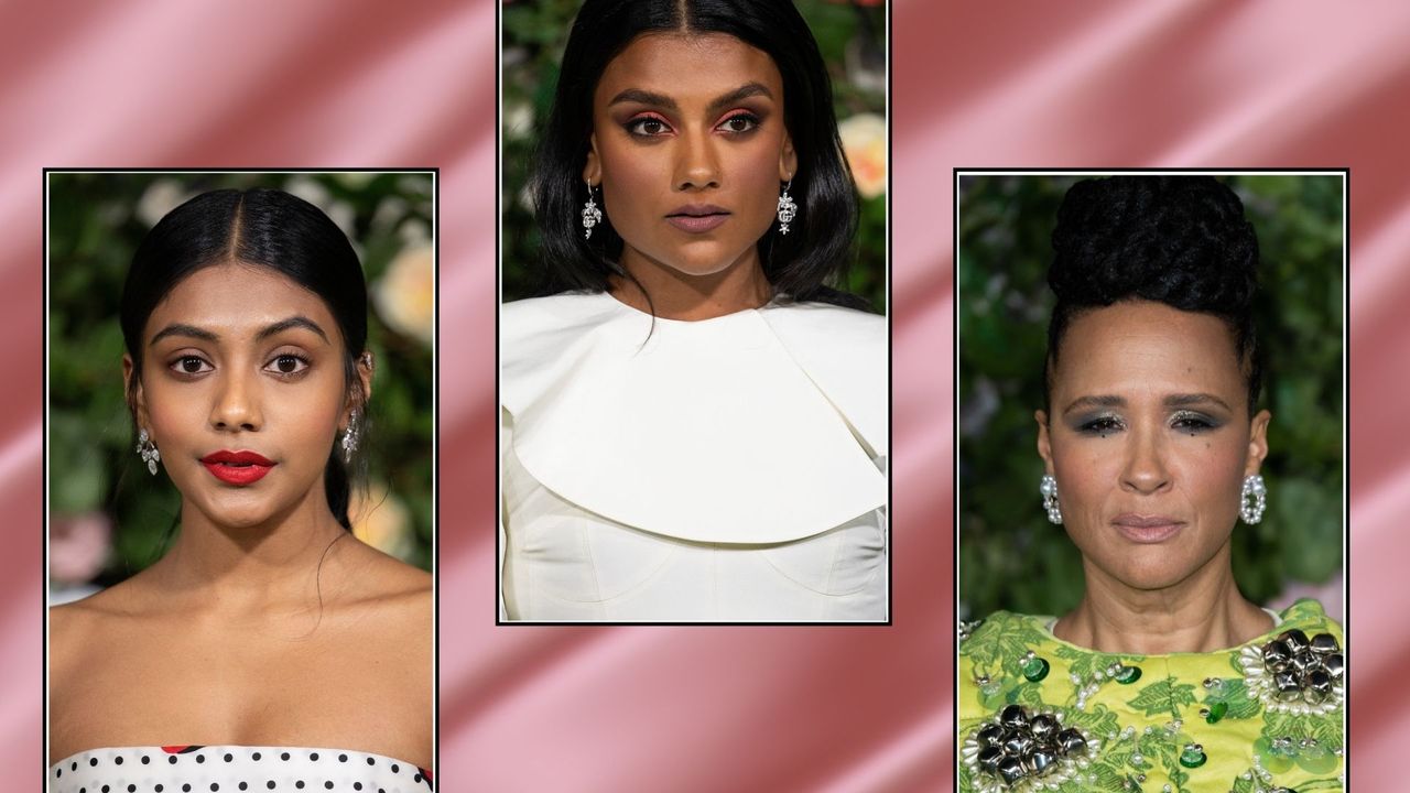 Shots of Bridgerton&#039;s Simone Ashley, Charithra Chandran and Golda Rosheuvel at the Bridgerton premiere on a satin pink background