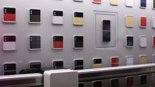 A wall of colorful back and front panels for the Samsung Galaxy Z Flip 4 Bespoke Edition