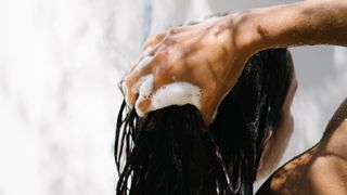 A woman is pictured washing her hair with shampoo, in the shower