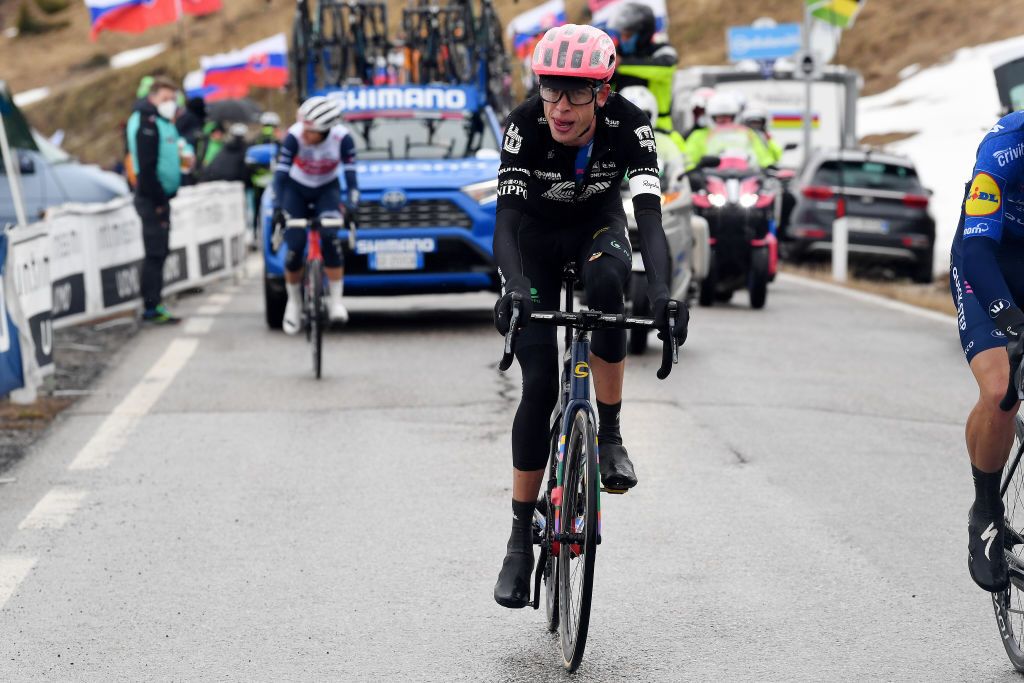 CORTINA DAMPEZZO ITALY MAY 24 Hugh Carthy of United Kingdom and Team EF Education Nippo passing through Passo Giau 2233m during the 104th Giro dItalia 2021 Stage 16 a 153km stage shortened due to bad weather conditions from Sacile to Cortina dAmpezzo 1210m girodiitalia Giro on May 24 2021 in Cortina dAmpezzo Italy Photo by Tim de WaeleGetty Images