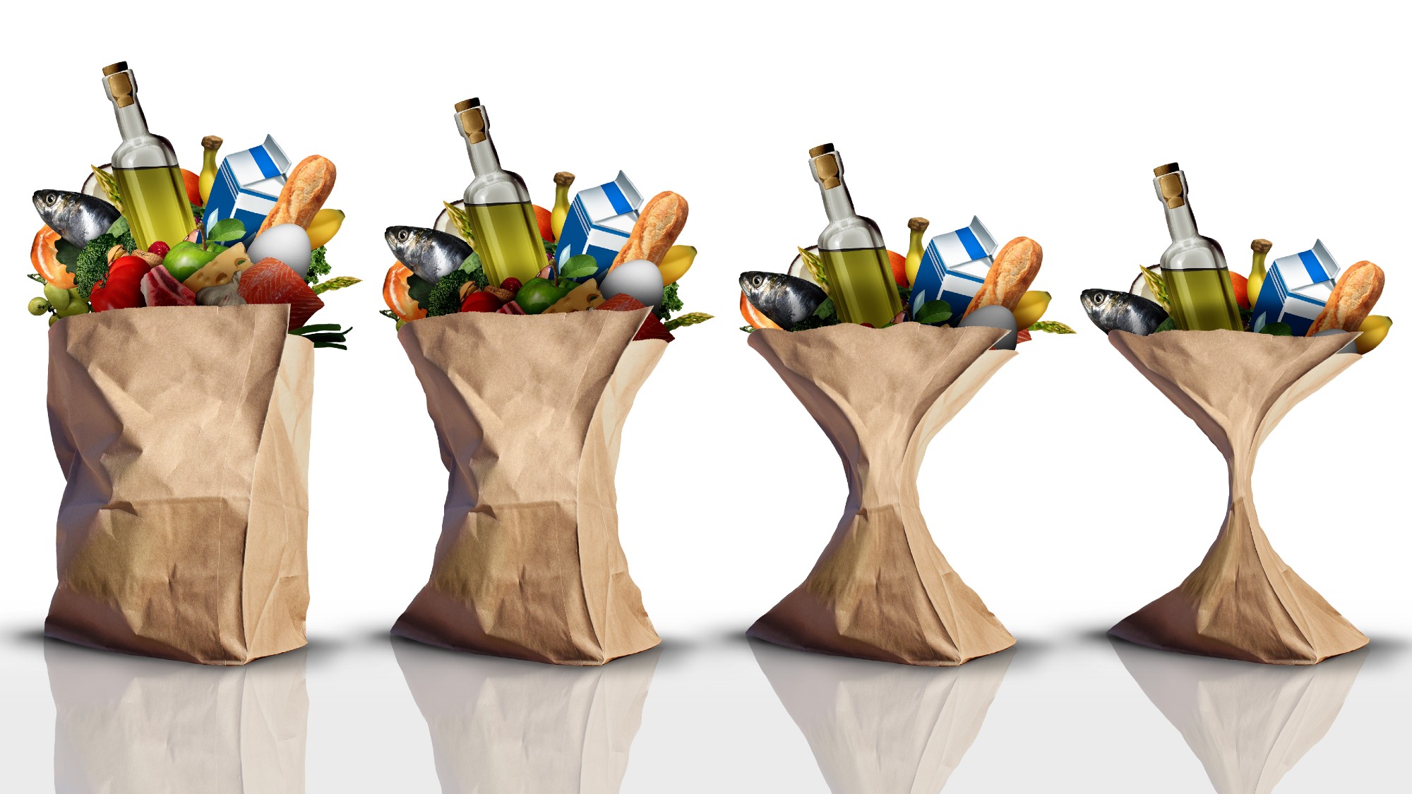 Paper grocery bag filled with items getting progressively skinnier due to shrinkflation