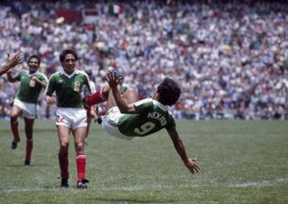 Hugo Sanchez celebrates in acrobatic fashion after scoring for Mexico against Belgium at the 1986 World Cup.