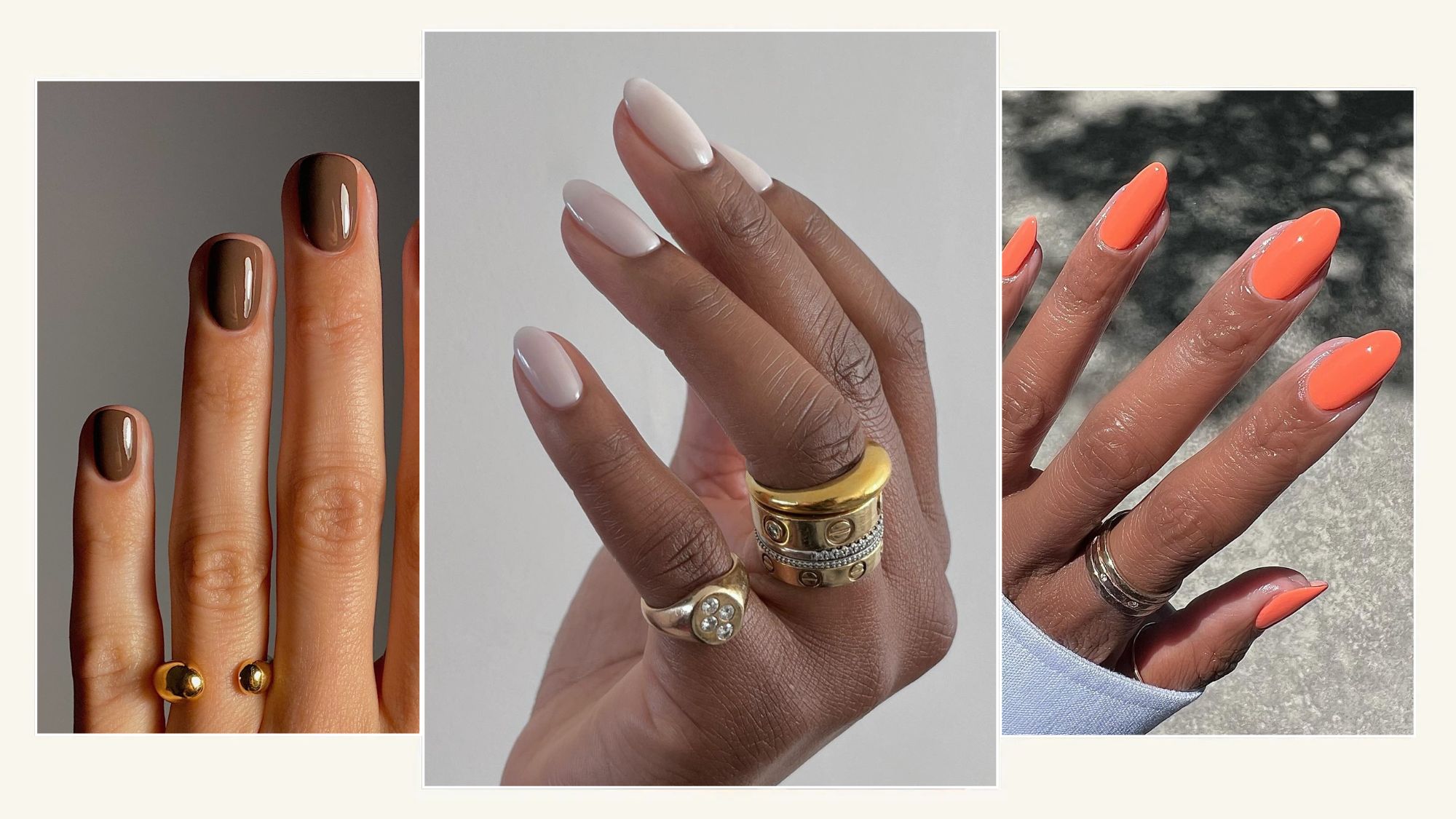 A collage of three manicures with brown, soft white, and orange nail polish.