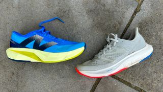 New Balance FuelCell Rebel V4 running shoe next to previous generation V3 running shoe