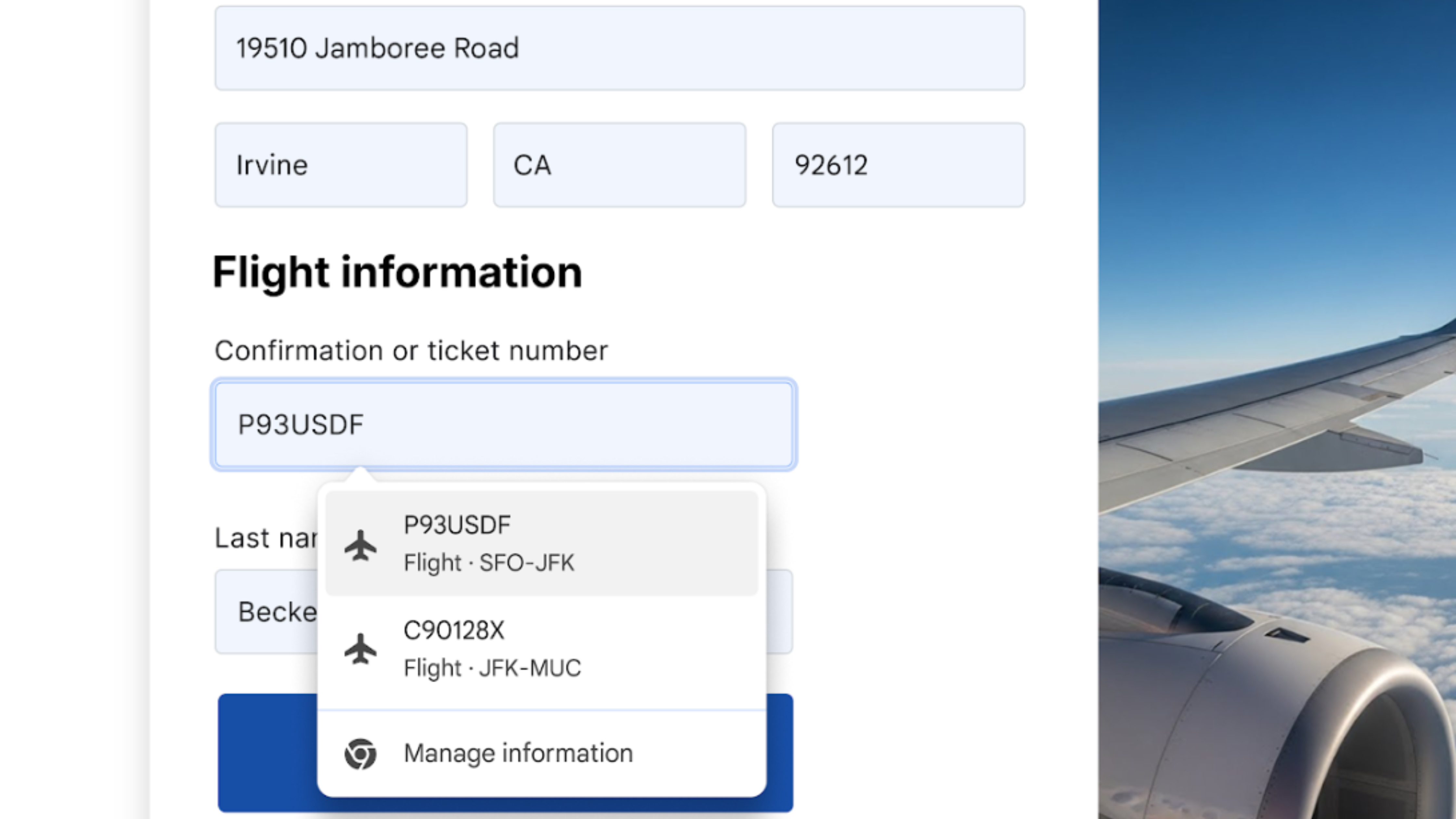 Chrome&#039;s enhanced autofill features being used to book flights and enter vehicle information.