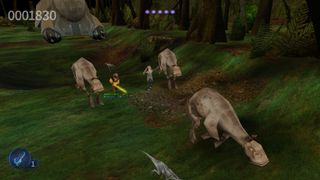 Running away from a stampede with Jar Jar Binks in Jedi Power Battles.