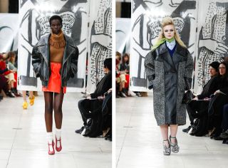 Miu Miu: One look features an oversized leather jacket and red patent mini skirt