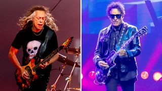 Kirk Hammett plays his Mummy ESP signature guitar [left]; Neal Schon plays a Les Paul on a stage lit up in purple.