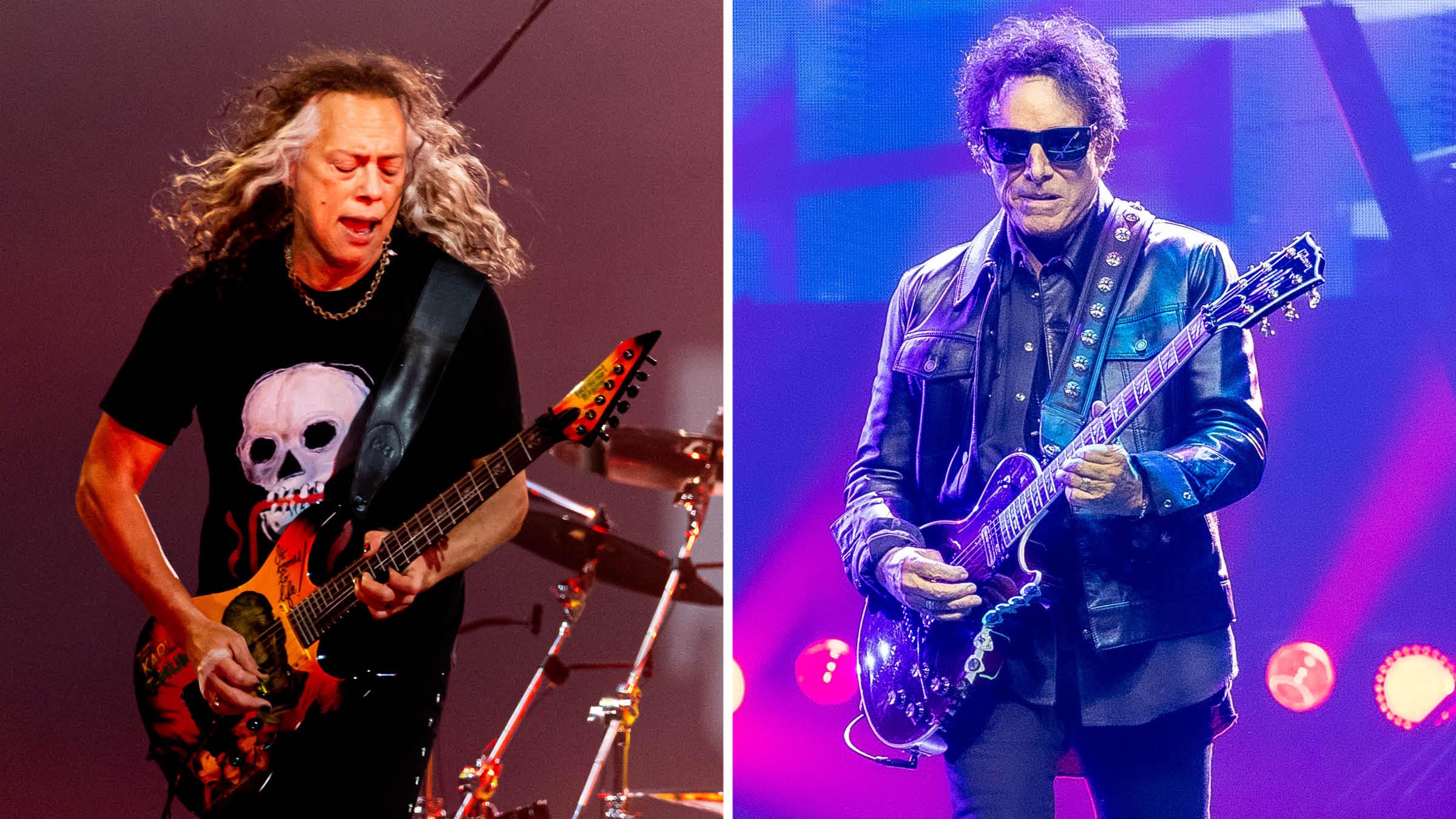 Kirk Hammett plays his Mummy ESP signature guitar [left]; Neal Schon plays a Les Paul on a stage lit up in purple.