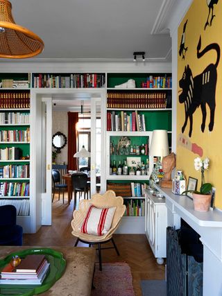 A bright shelving unit in a living room