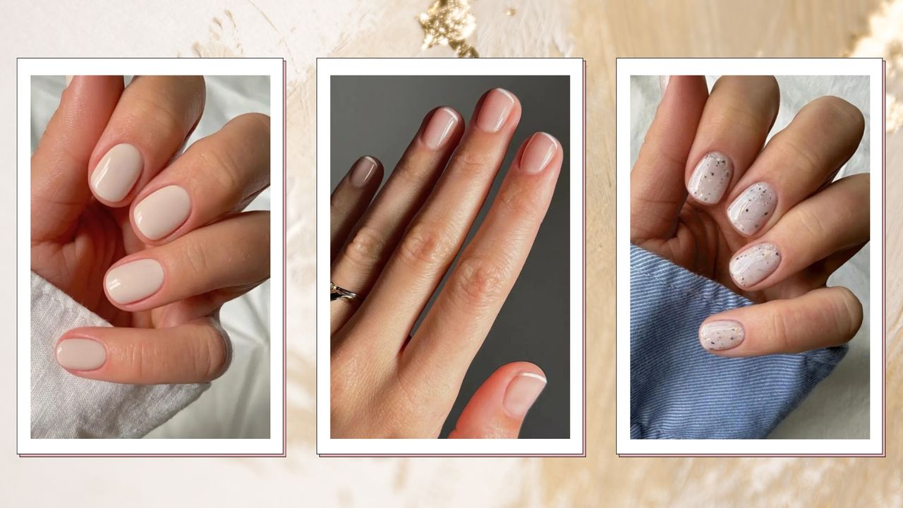 Three pictures of hands with varying white nail designs, including a French tip and marbled look - created by nail artists @gel.bymegan and @matejanova/Mateja Novakovic in a gold and cream template