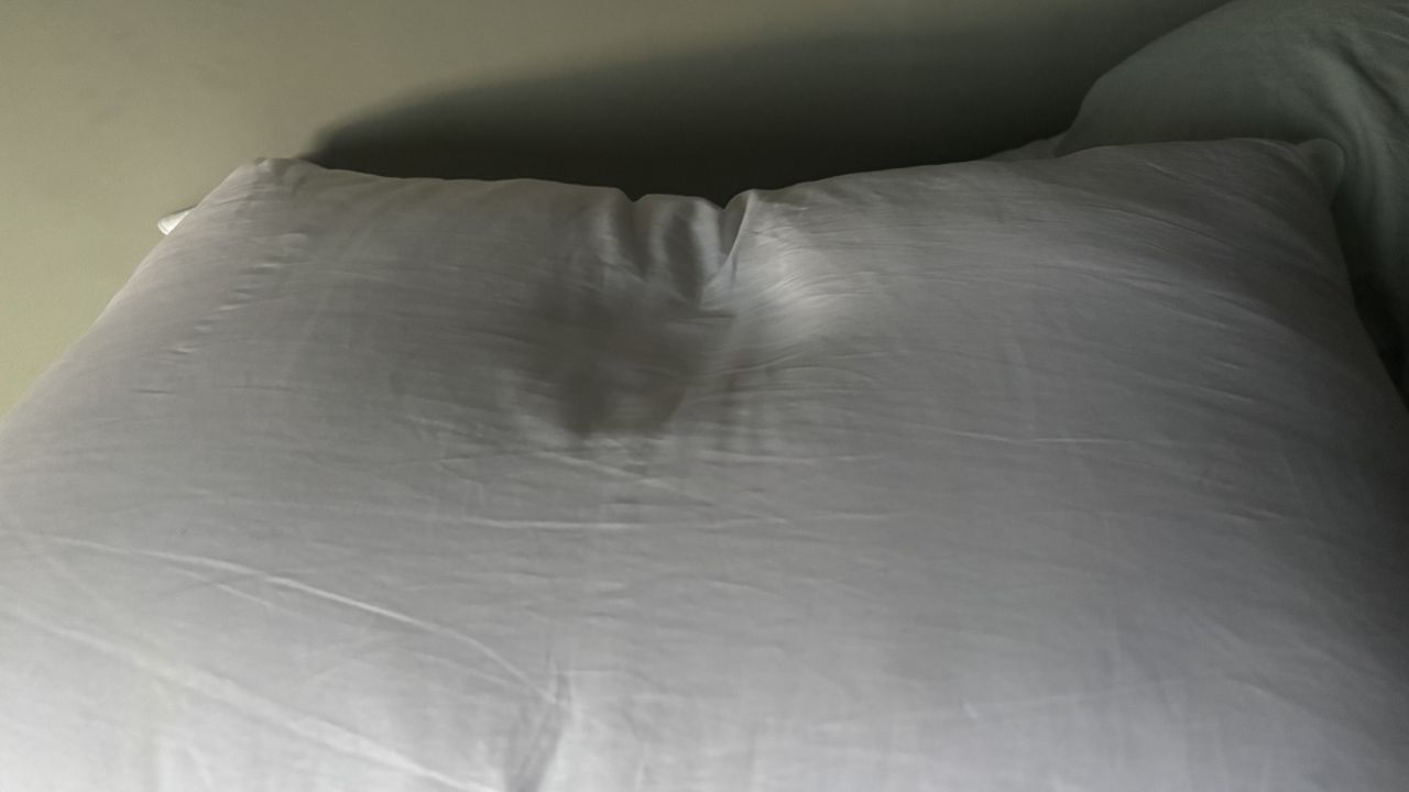 The Helix Down and Feather Pillow five minutes after a 10lbs weight was removed from its surface.