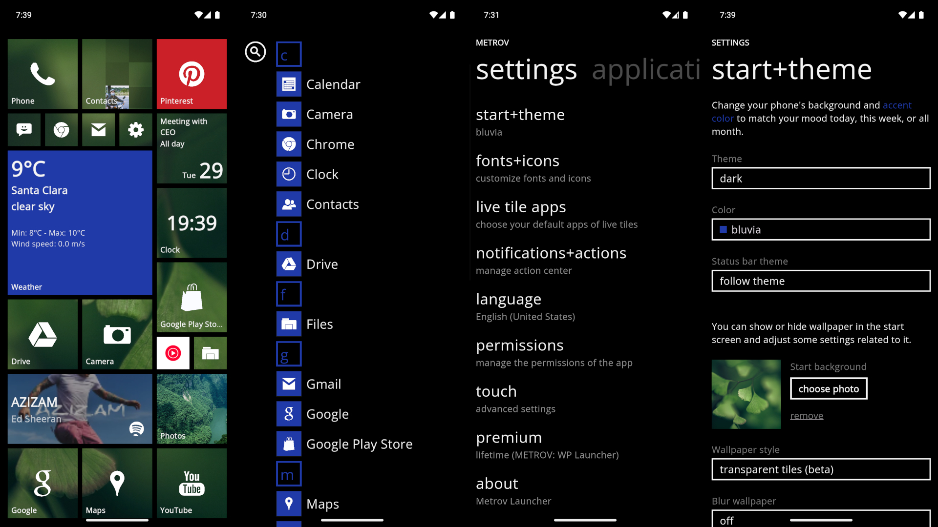 A smartphone screen displays a Windows-style interface split into three sections. The left shows colorful app tiles, middle is a black app list, and right is the settings menu, featuring customization options like theme and wallpaper. The tone is sleek and modern.