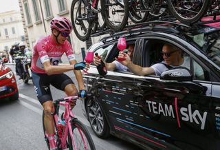 Chris Froome (Team Sky) celebrates his Giro d'Italia win, although it may be temporary