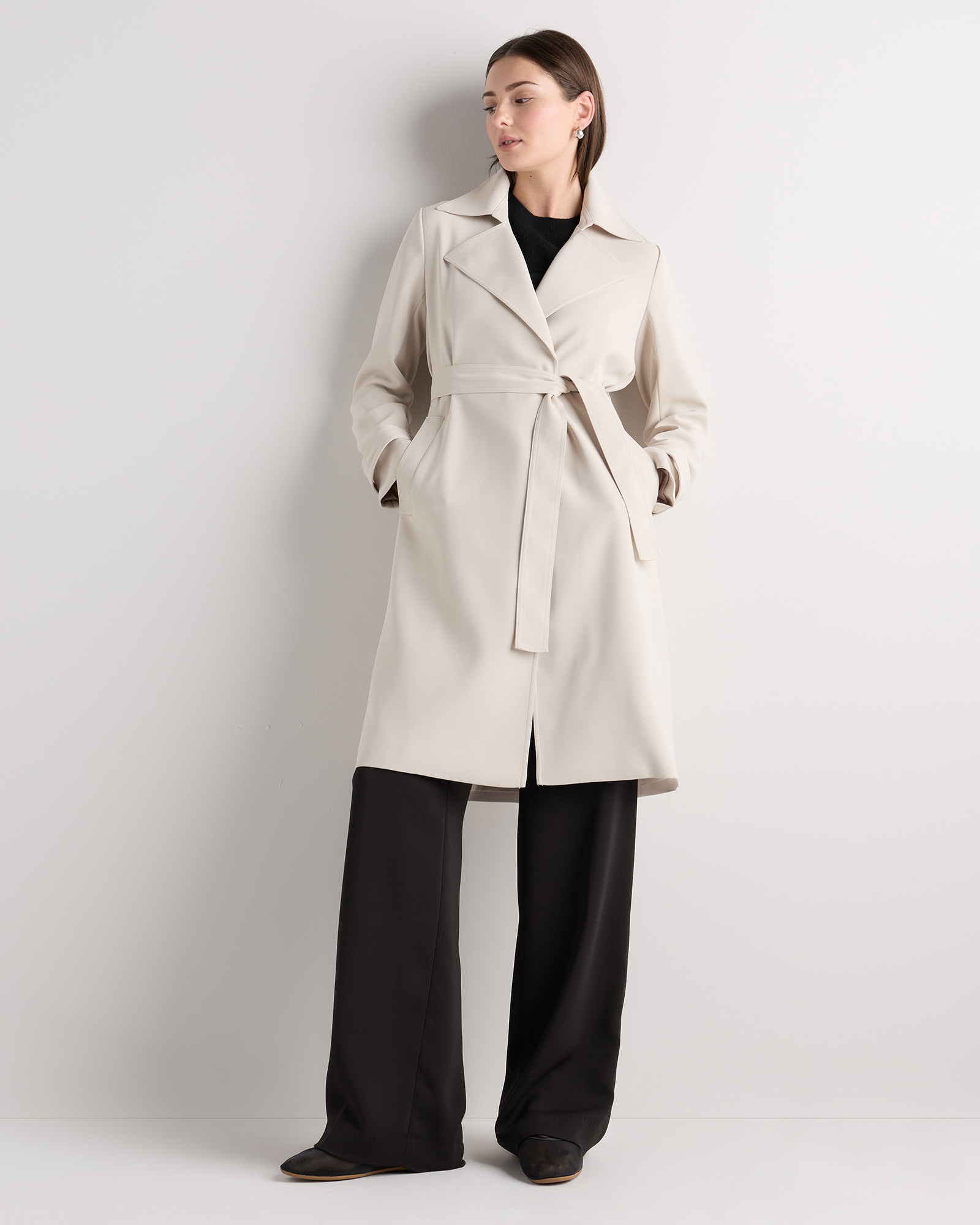 Stretch Crepe Trench Coat in Sand