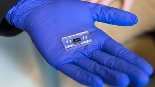 A shot of the microfluidic DNA "lab-on-chip" device developed by RIT.