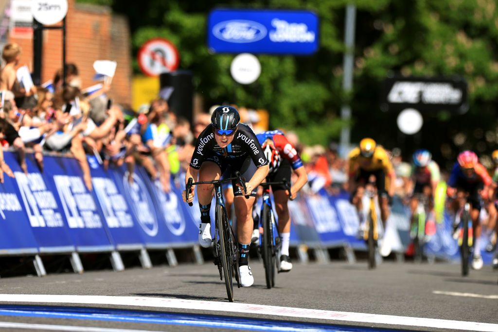 COLCHESTER ENGLAND MAY 26 EDITORS NOTE Alternate crop Charlotte Kool of The Netherlands and Team DSM sprints at finish line to win the 6th RideLondon Classique 2023 Stage 1 a 1464km from Saffron Walden to Colchester UCIWWT on May 26 2023 in Colchester England Photo by Stephen PondGetty Images