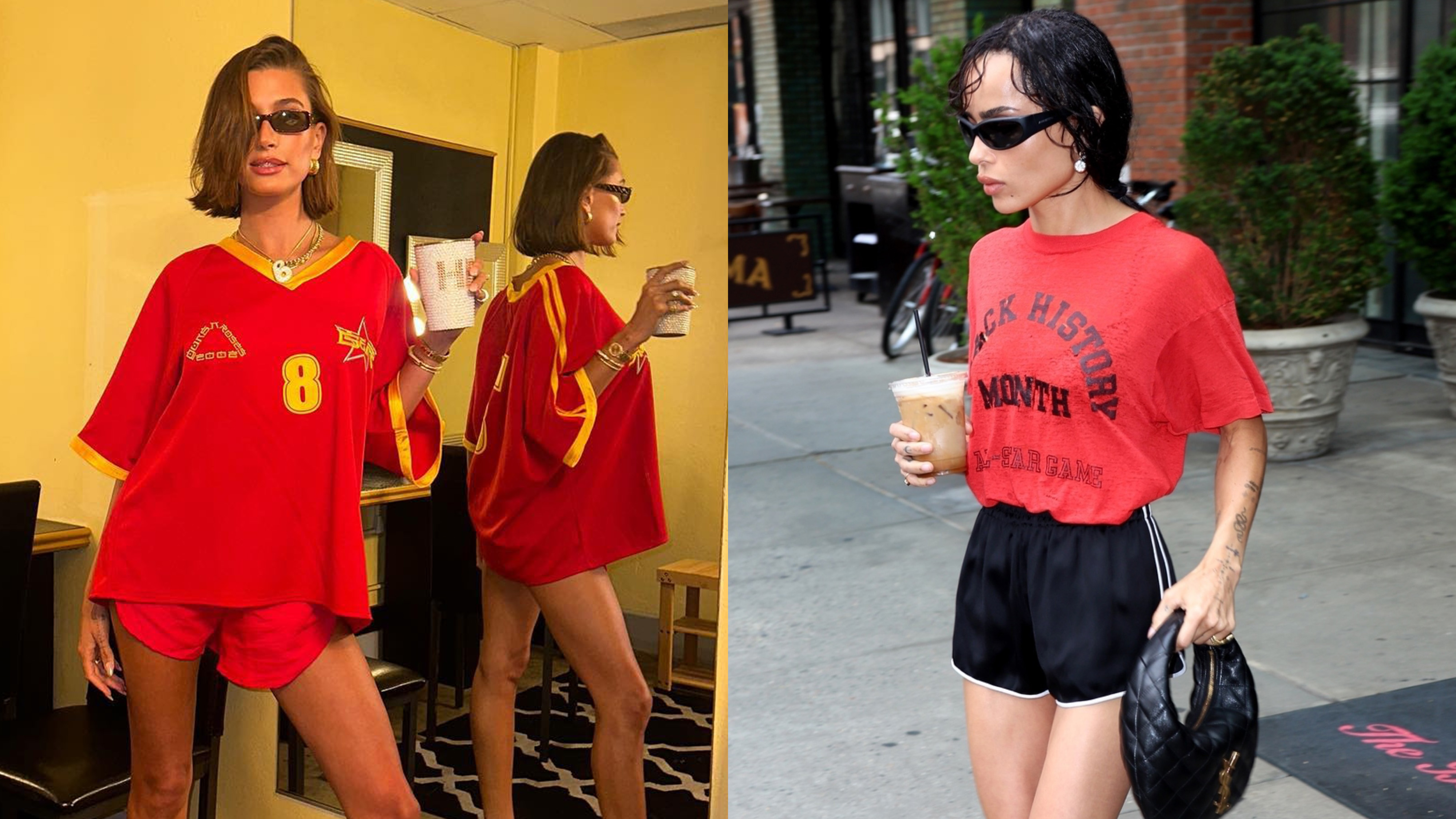 Zoë Kravitz and Hailey Bieber wearing red T-shirts with athletic shorts.