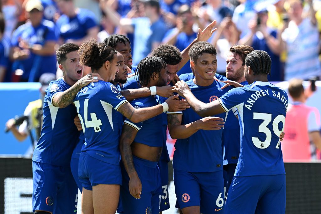 Chelsea season preview 2023/24 Thiago Silva of Chelsea is congratulated by his team mates after scoring their first goal during the Premier League Summer Series match between Chelsea FC and Fulham FC at FedExField on July 30, 2023 in Landover, Maryland. (Photo by Darren Walsh/Chelsea FC via Getty Images)