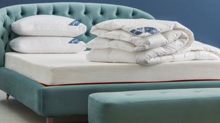 Brook and Wilde mattress sales, deals and discounts: the Marlowe Bundle placed on a green fabric bed frame