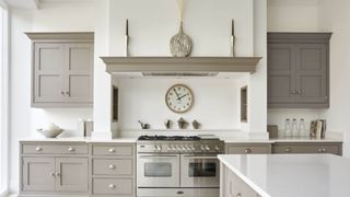 Grey Shaker kitchen with stainless steel rangemaster oven and round wall clock