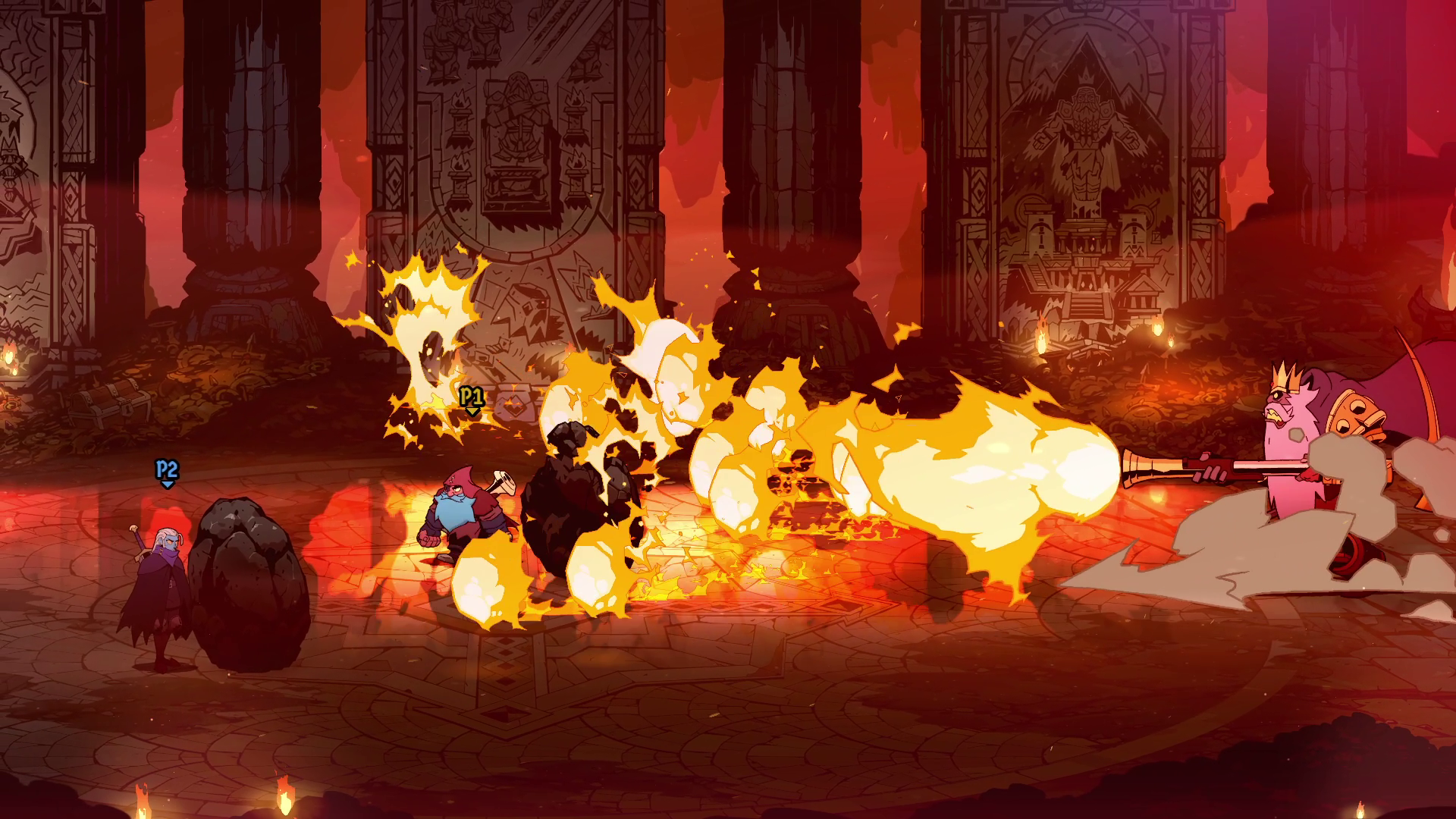 The undead dwarven king boss firing flames out of his gun/pickaxe weapon in Absolum.