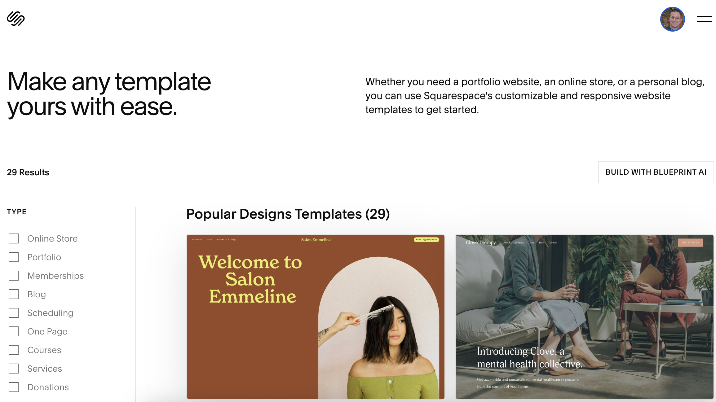 Screengrab showing template selection in Squarespace