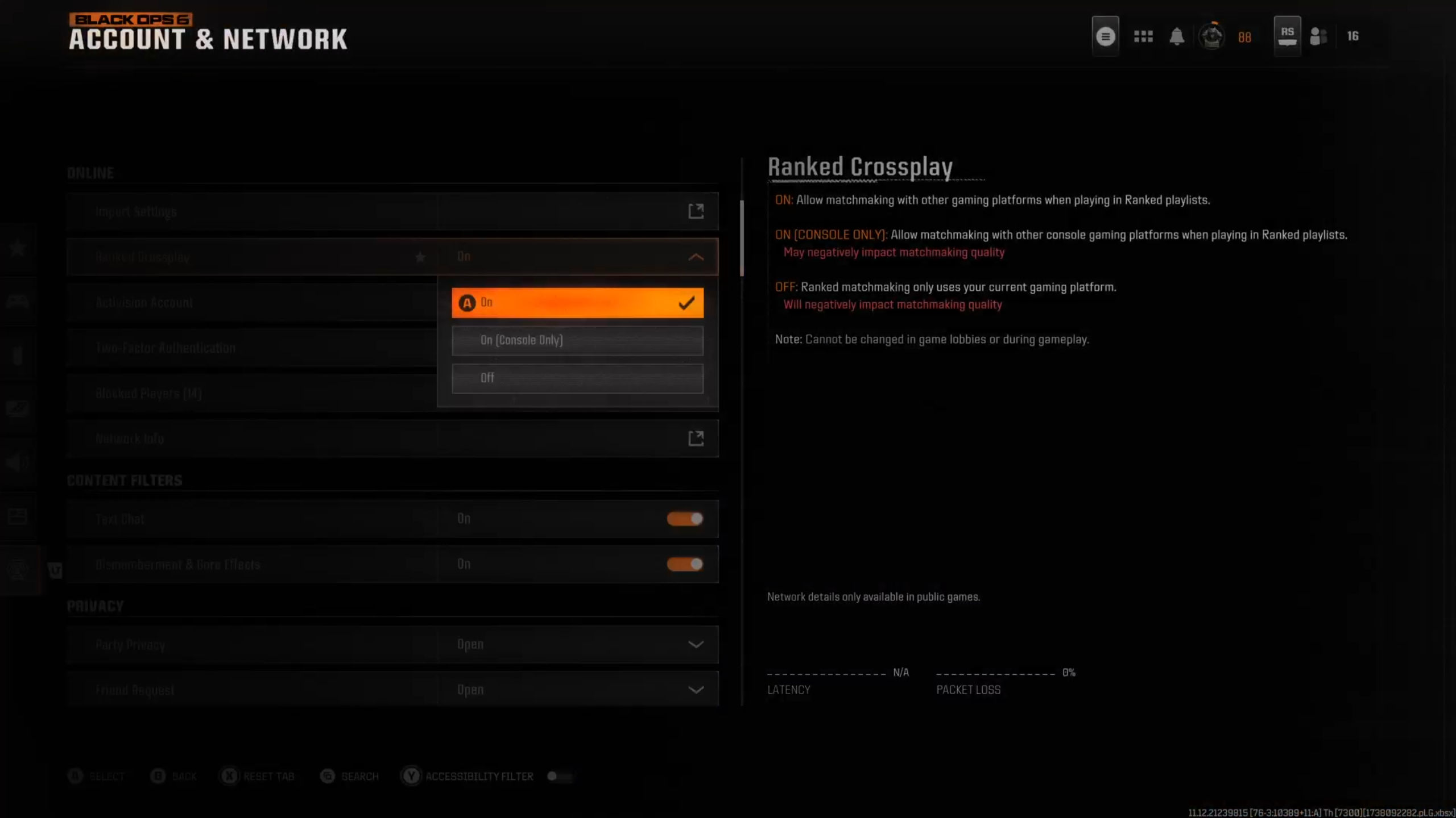 Screenshots from a Ranked Play lobby in Call of Duty: Black Ops 6 showing the menu to disable for Ranked Crossplay.