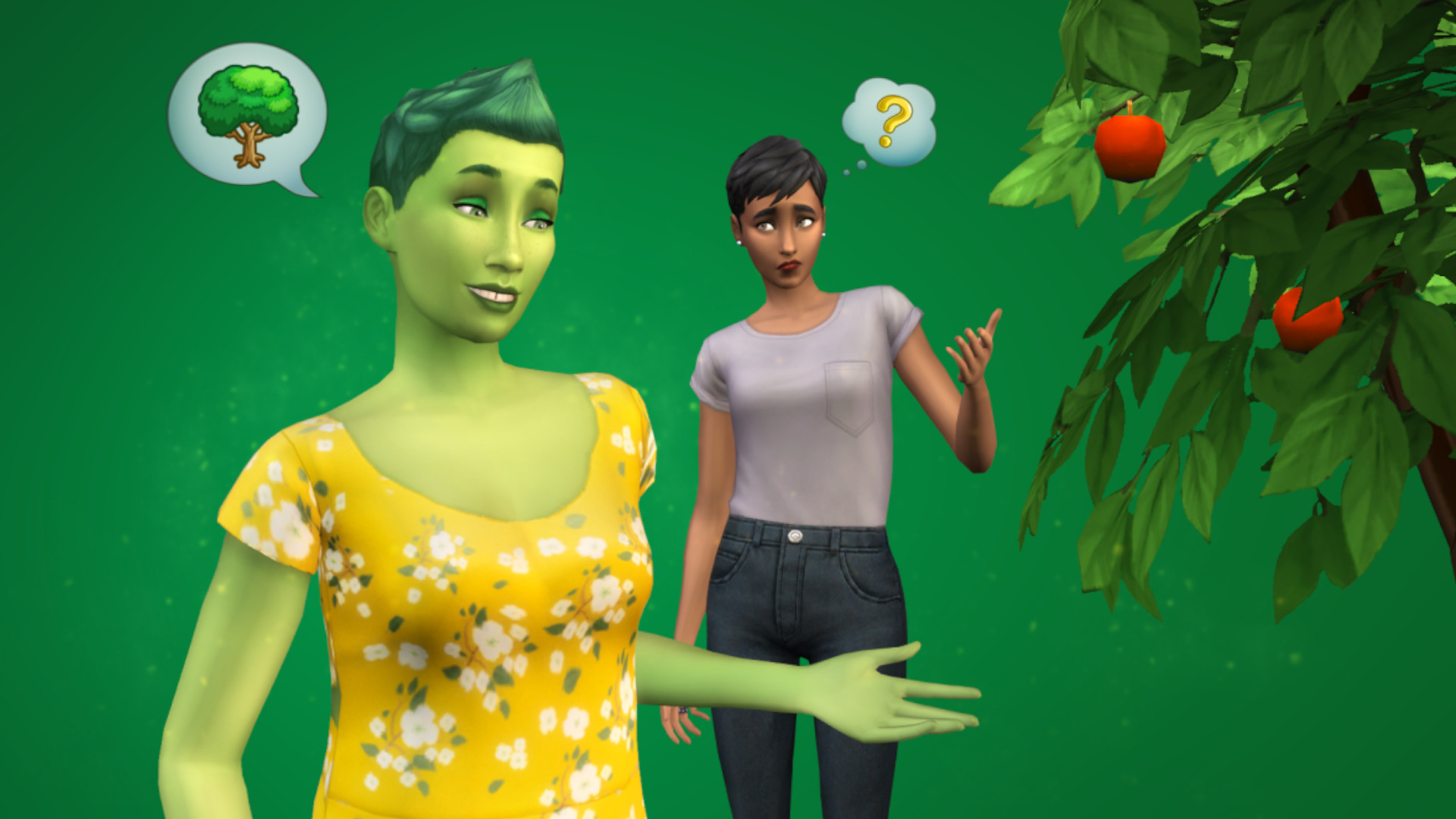 A screenshot of a plant sim and a normal sim looking at an apple tree in The Sims 4.
