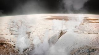 An artist's illustration of water plumes erupting from the icy ocean of Jupiter's moon Europa.