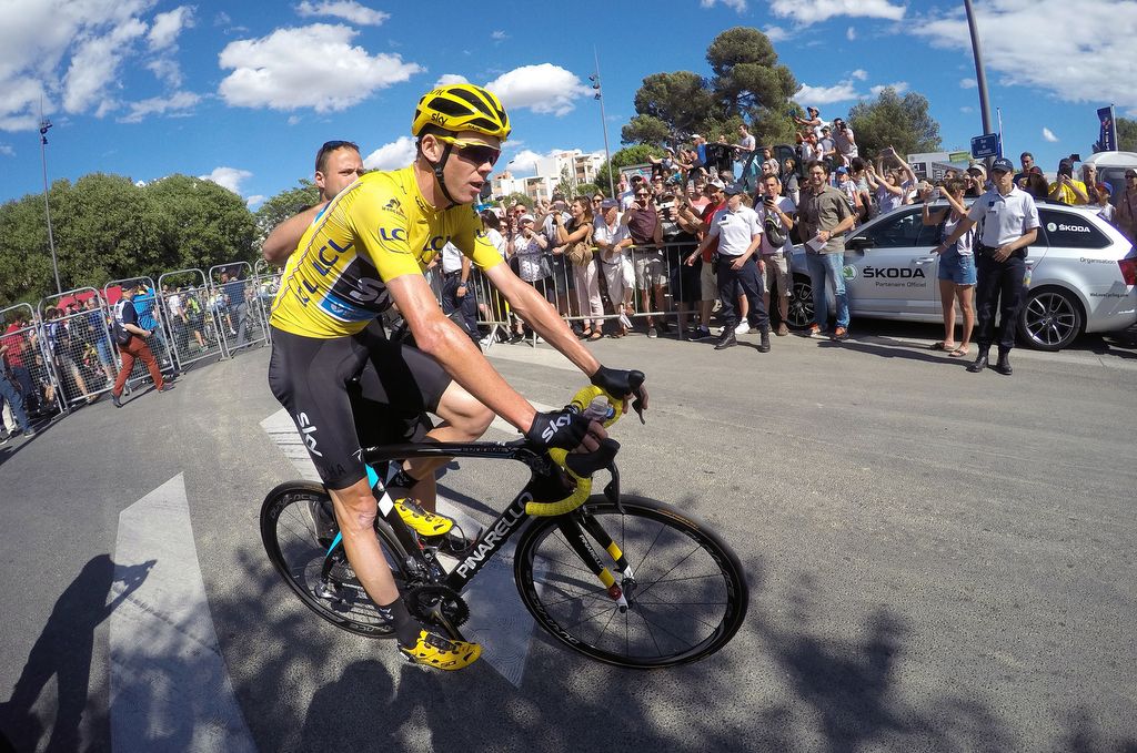 Chris Froome (Team Sky) recovers after the thrilling end to stage 11