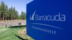 Logo of Barracuda Networks pictured on a sign at the 12th hole prior to the start of the Barracuda Championship at Tahoe Mountain Club's Old Greenwood course.