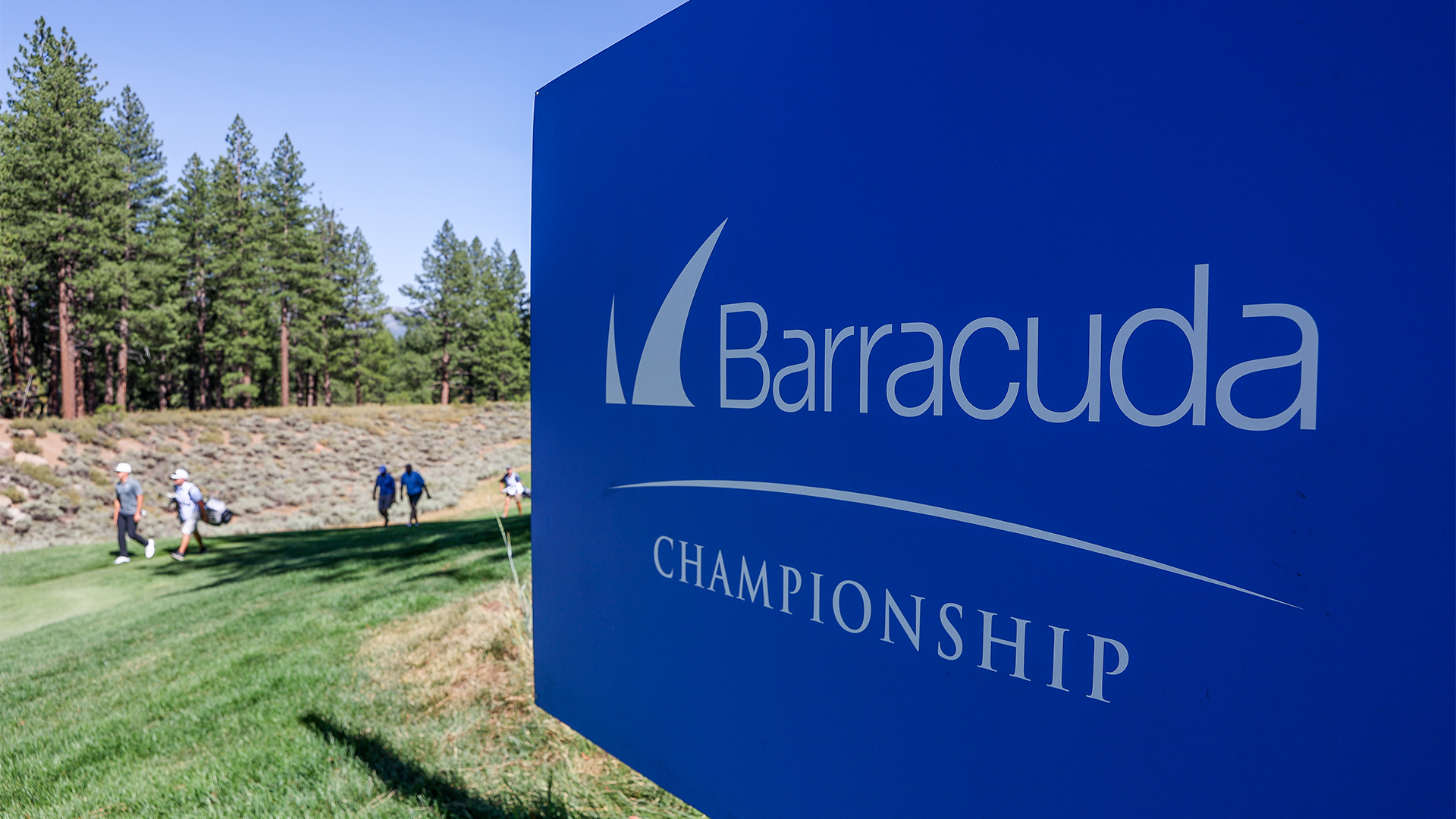 Logo of Barracuda Networks pictured on a sign at the 12th hole prior to the start of the Barracuda Championship at Tahoe Mountain Club's Old Greenwood course.