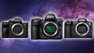 nikon z8, sony a7rv and canon eos r5 on a space background
