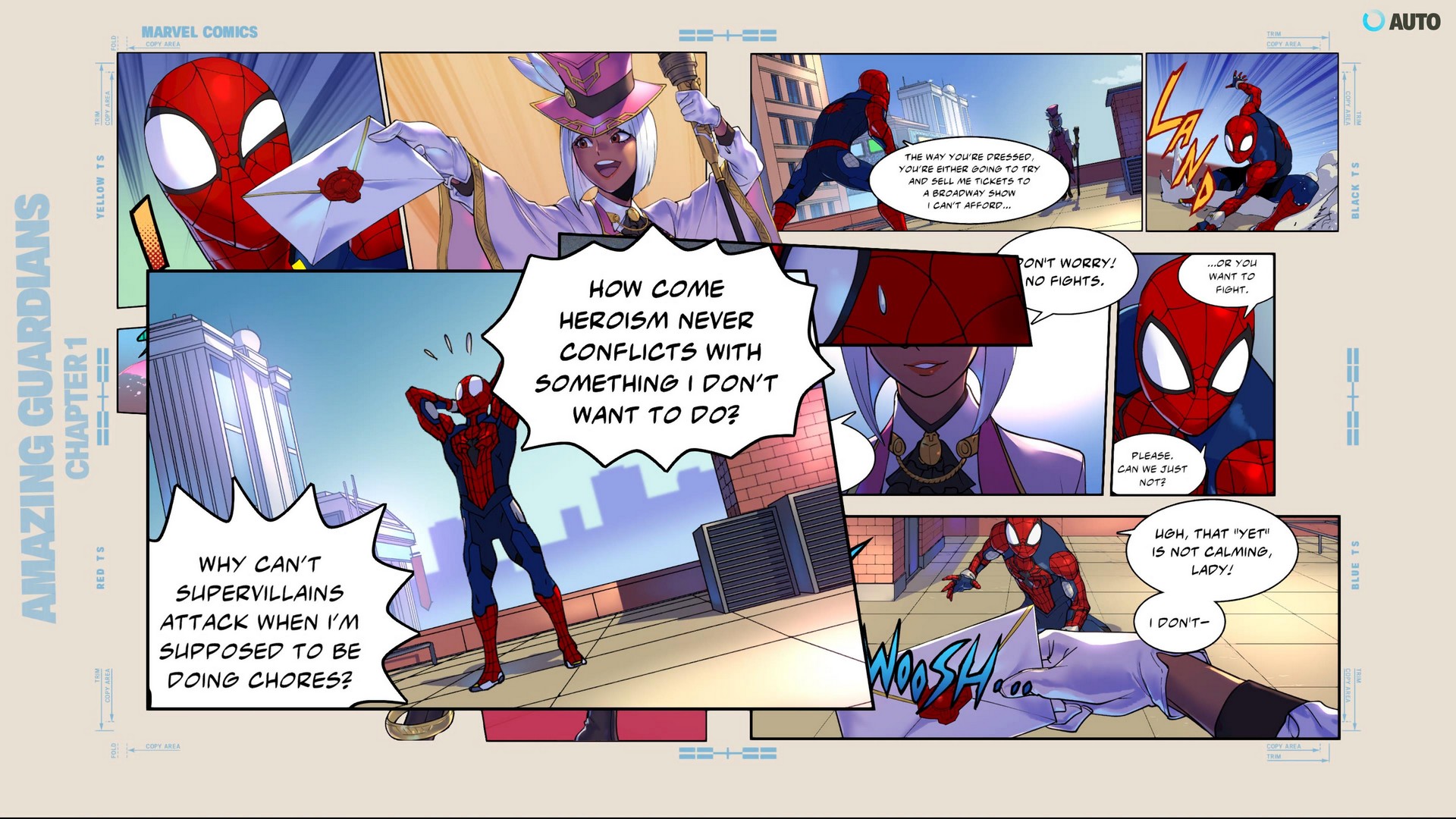 Spider-Man meets The Promoter in a Marvel Tokon cutscene styled like a comic book