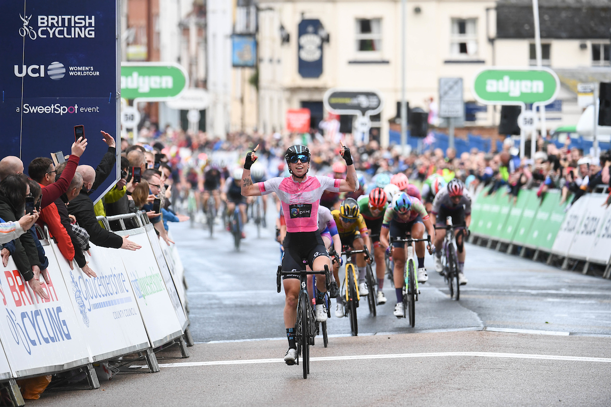Picture by Simon Wilkinson/SWpix.com - 08/06/2022 - Cycling - The Womenâ€™s Tour 2022 - Stage Three - Tewkesbury to Gloucester, England - Lorena Wiebes of Team DSM celebrating her victory