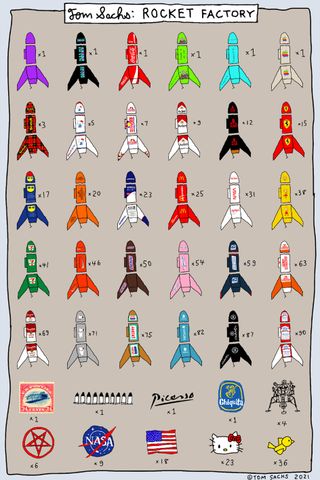Colourful illustration & diagram poster of Tom Sachs rockets