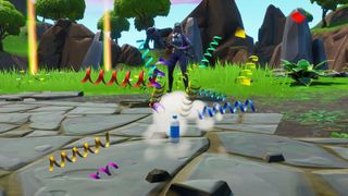 Fortnite Land a Bottle Flip on a target near a giant fish, llama, or pig