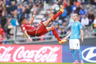 Kevin Mantilla of Colombia attempts a bicycle kick during the FIFA U-20 World Cup Argentina 2023 Group C match between Israel and Colombia at Estadio La Plata on May 21, 2023 in La Plata, Argentina