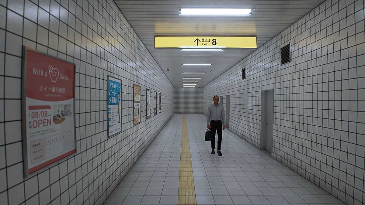 Screenshot from Exit 8 showing a clean, bright passageway of a Japanese underground metro with a single suited man walking toward the camera.