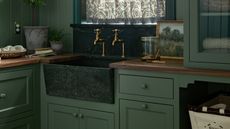 Close-up image of cabinetry that is painted in a cool, mid-tone green. The countertops are wood and there is a green, marble tub sink with gold faucets. 