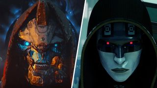 A vertically split image, with an injured Cayde-6 from Destiny 2 on the left, and the Assassin from Marathon on the right, both looking directly ahead.