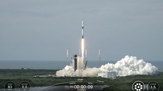 A SpaceX Falcon 9 rocket launches two of SES' O3b mPOWER communications satellites from Florida on July 22, 2025.