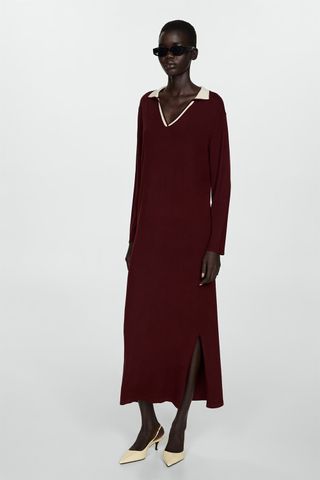 Mango, burgundy dress with cream v neck collar