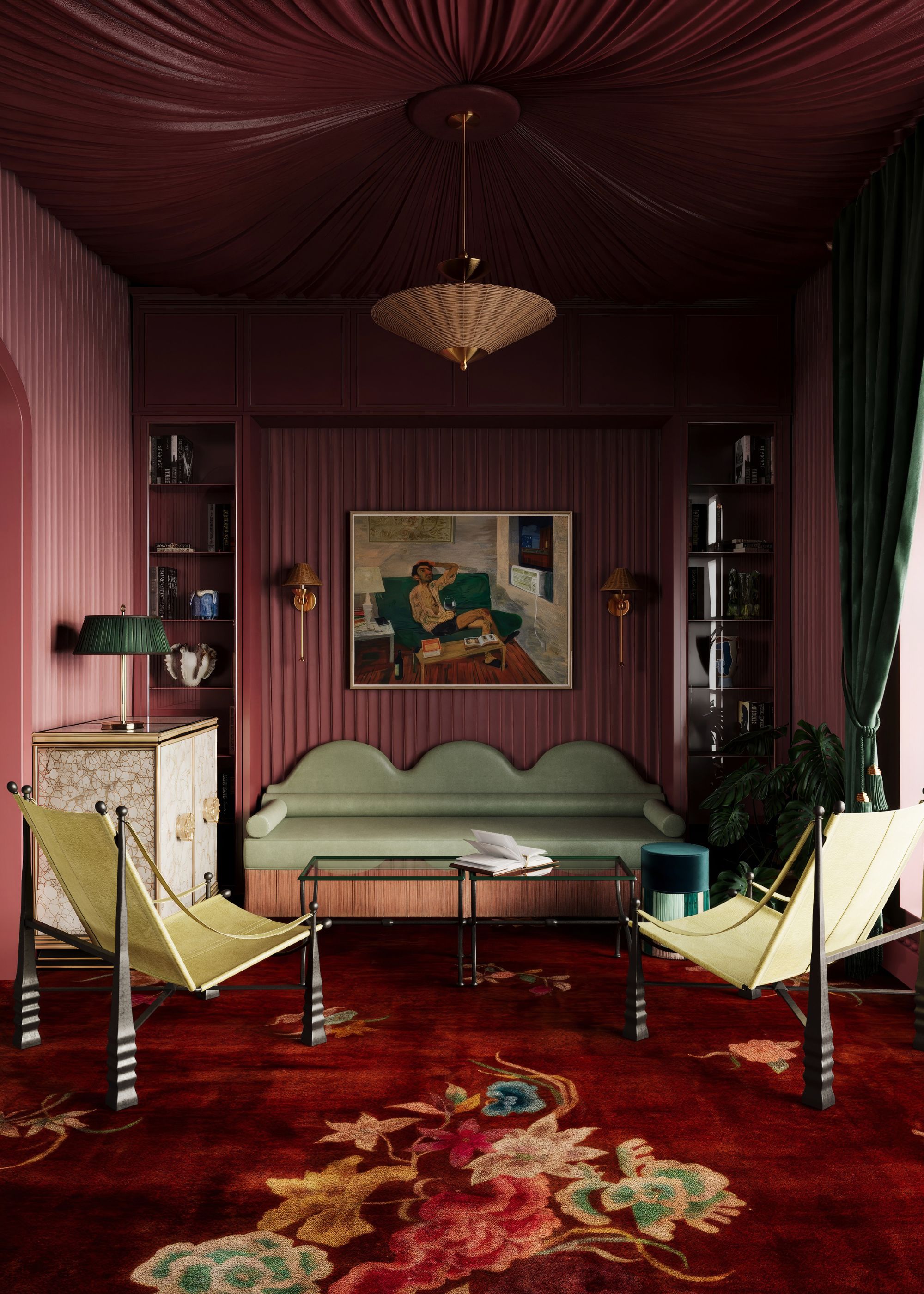 A modern lounge room with purple walls and a tented ceiling. A red patterned carpet and bold, sculptural furniture.