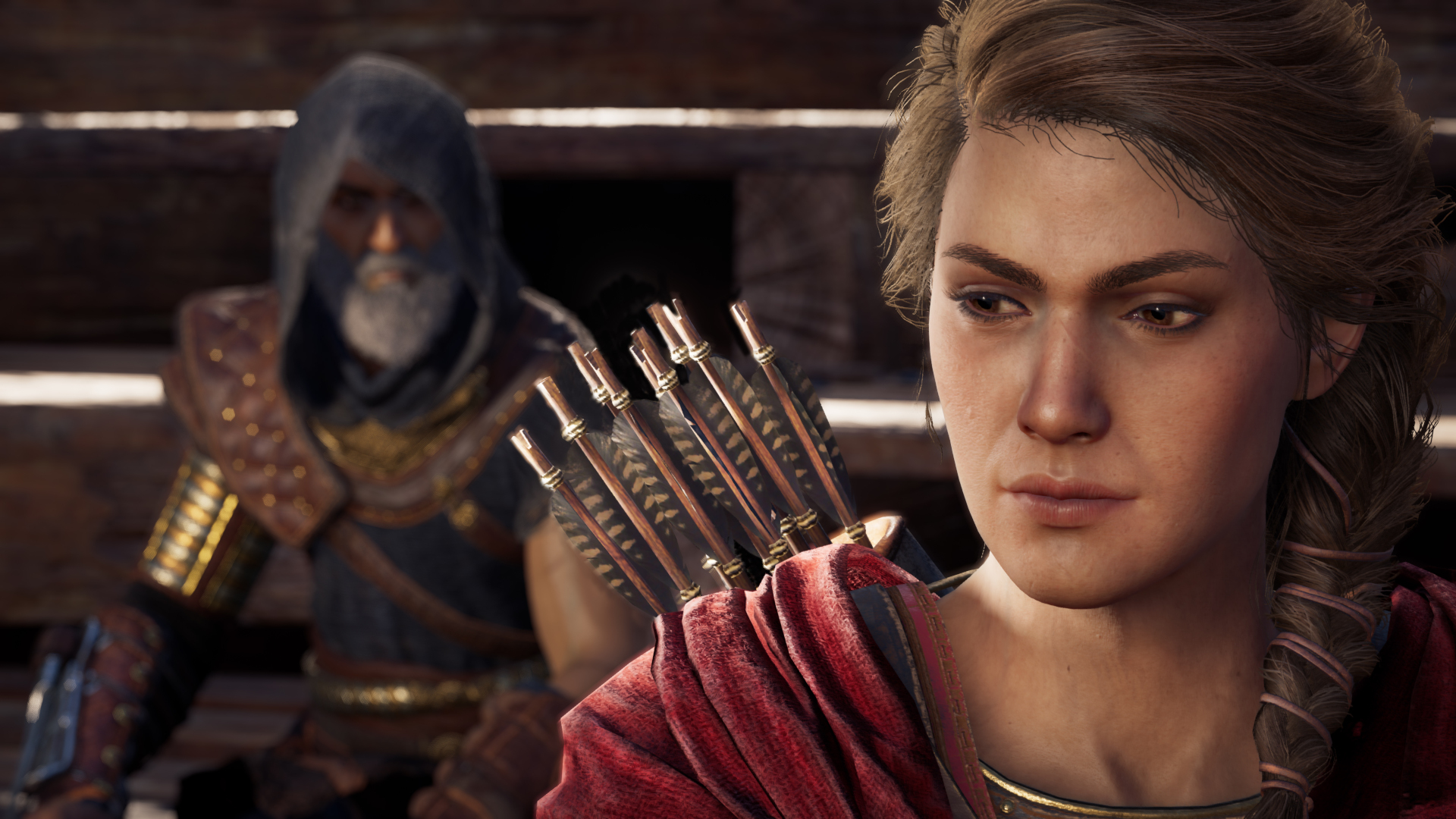 Kassandra stands before a cloaked figure in one of the best third-person RPGs, Assassin's Creed Odyssey